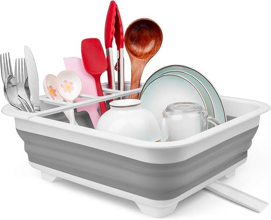 Collapsible Dish Drying Rack with Drain Plug Tube, Portable Dish Drainers for Kitchen Counter, Folding Dish Rack Over Sink Drying Dinnerware,Kitchen Sink Organizer Travel Trailer RV Camping Essentials