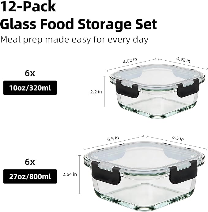 Konokyo Square Glass Food Storage Containers with Lids, 12 Pack Airtight Leakproof Meal Prep Containers, BPA-Free, Microwave Oven Freezer & Dishwasher Safe, Assorted Sizes