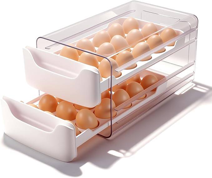 36-Egg-Holder for Fridge, Egg-Storage for Refrigerator Countertop, 2 Tier Dispenser with Drawer, Stackable Clear Egg Tray Container, Egg Organizer, Fits Large Eggs, White