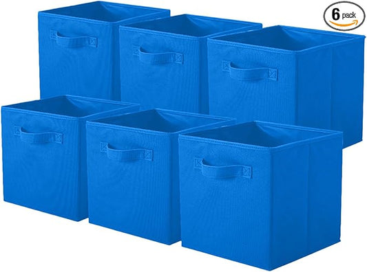 PowerKing Collapsible Storage Cubes with Handles, Fabric Foldable Bins for Closet Shelves, Durable Organization Storage Bins, 10.5'' x 11'' x 10.5'' (6Pack, Royal Blue)