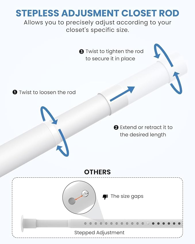 Supforce Closet Rods for Hanging Clothes, 17 to 69 Inches Stepless Adjustable Metal Closet Rod, 1.3 Inches Heavy Duty Clothes Hanging Rod for Closet Wardrobes Laundry RV, White