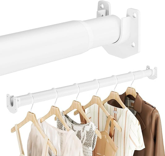 Closet Rods for Hanging Clothes, 17-70 Inch Stepless Adjustable Closet Rod, 1.3 Inch Heavy Duty Metal Clothes Hanging Rod, Expandable Closet Bar Hanger Rod for Closet Wardrobes Laundry RV White