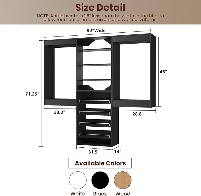 ROOMTEC Modular Closet System, 90" Wall Mounted Closet Organizer with Hanging Rods and Shoe Shelf, Wooden Tower for Walk-In Closets, Wardrobe Storage Kit, Black