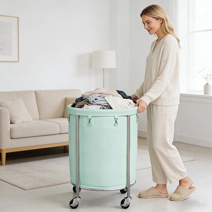 ELYKEN 190L Laundry Basket with Wheels, Large Rolling Laundry Hamper with Removable Liner Bag, Round Rolling Laundry Cart, Dirty Clothes Hamper for Hotel, Home, Closet, Dorm, Mint Green