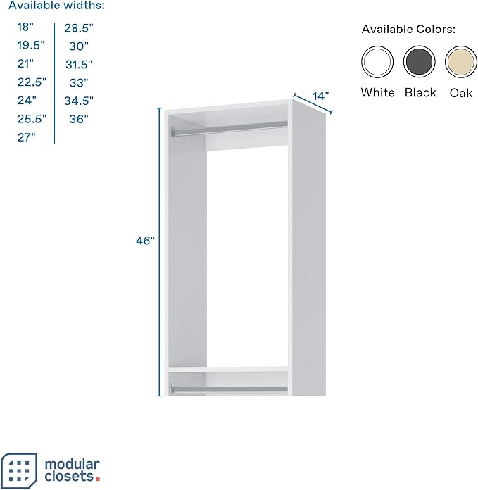 Double Hanging Closet Unit - Modular Corner Closet System With Hanging & Shelves (White, 33 inches Wide)