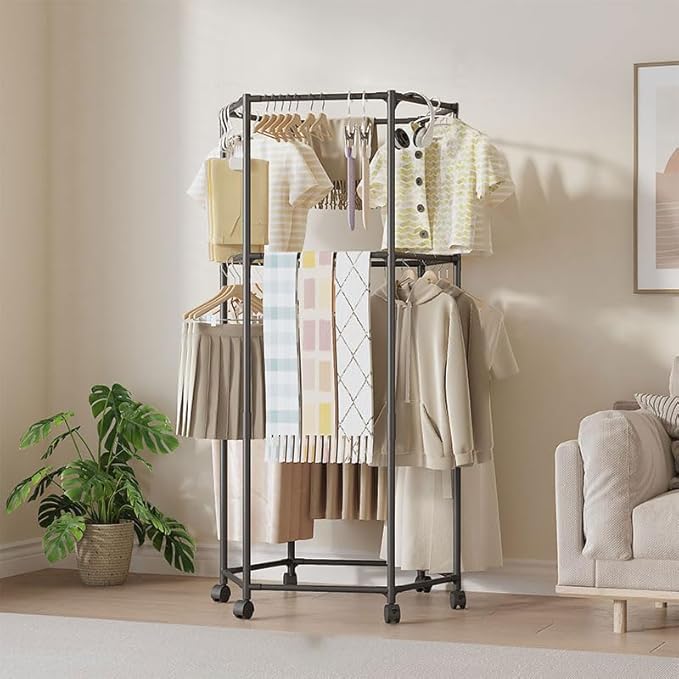 Clothes Rack with Wheels, Hexagonal Rolling Clothing Rack for Hanging Clothes, Clothes Drying Rack, Garment Storage for Bedroom, Laundry, Balcony (68" H)