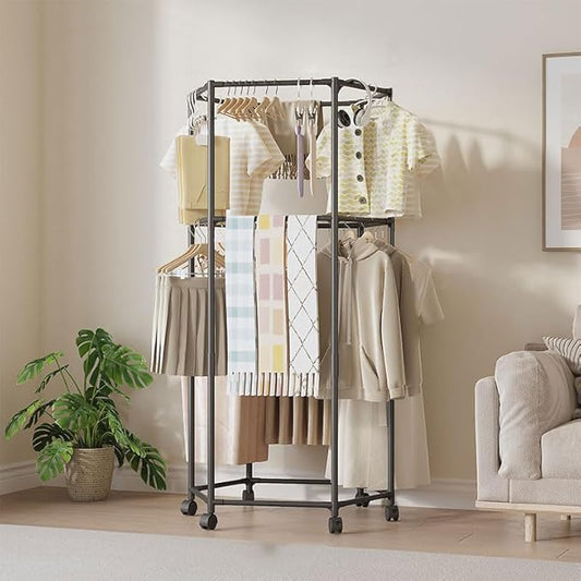 Clothes Rack with Wheels, Hexagonal Rolling Clothing Rack for Hanging Clothes, Clothes Drying Rack, Garment Storage for Bedroom, Laundry, Balcony (68" H)
