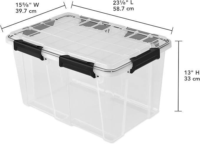 Sterilite 4 Pack 54 Qt Gasket Box, Clear Stackable Plastic Storage Container with Lids, Black - Waterproof Organizer and Dustproof Tote for Home Organization