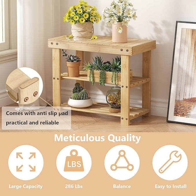Sweetcrispy Shoe Rack Bench, 3-Tier Bamboo Entryway Storage Organizer, 286lb Capacity, Shoes Stand for FrontDoor Entrance, Bedroom, Living Room, Bathroom, Balcony, 19 Inches Length, Wood