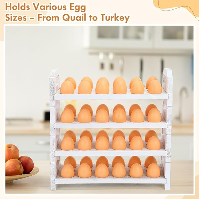 Reallnaive 4 Tier Wooden Egg Holder for Countertop, Stackable Fresh Egg Storage Farmhouse Collecting Rack for Gathering Kitchen Organizer Duck Eggs Display, Stackable with 72 Eggs (White,Pine)