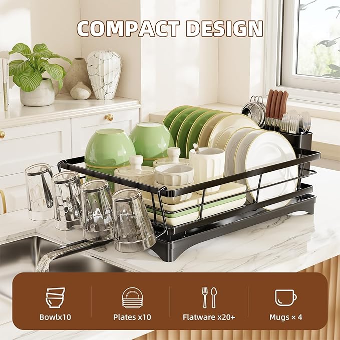Simple Trending Dish Drying Rack for Kitchen Counter, Rust-Resistant Dish Rack, Large Dish Drainer Organizer with Cutlery Holder & Cup Holders, Black