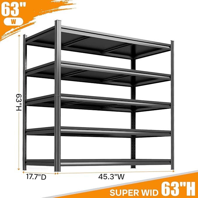 3000Lbs Garage Shelving Metal 46''W/63''H Shelf Unit Storage Shelves Heavy Duty, Heavy Duty Garage Storage Shelves, Industrial Shelves for Warehouse Basement Kitchen Pantry Shop, Black