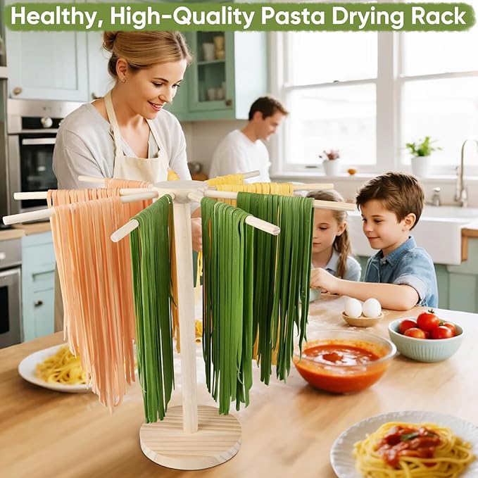Pasta Drying Rack - 9 Sticks Wooden Pasta Dryer Stand for Homemade Fresh Pasta, Spaghetti, Fettuccine, Tagliatelle - Large Detachable Natural Wood Noodle Rack, Space Saving & Sturdy Design