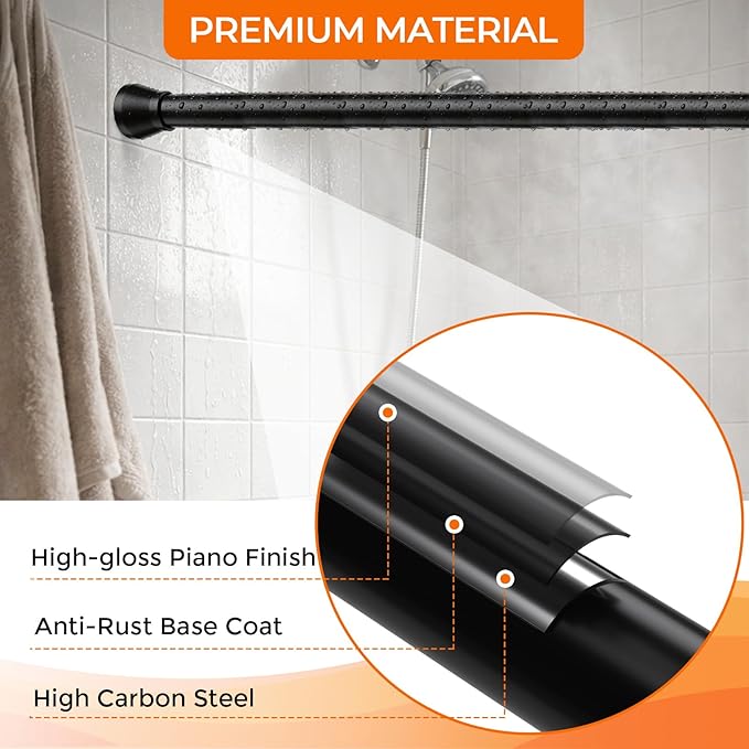 Tension Curtain Rod for Window 30 to 64 Inch 7/8" Diameter Adjustable Spring Loaded Curtain Rods No Drilling Black Tension Rods for Doorway Closet Door Kitchen Bathroom