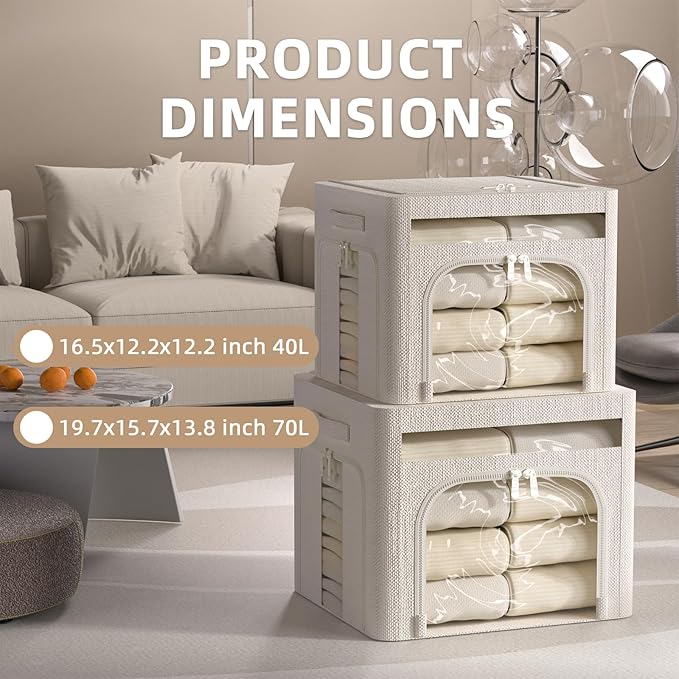 FHSQX 6 Pack Foldable Storage Bins for Clothes Clothes Storage Bins with Metal Frame Stackable Storage Box with Lid (Cream White, 19.7x15.7x13.8 inch (70L))