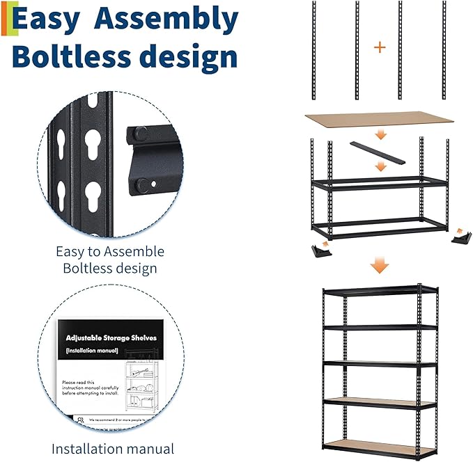Heavy Duty Garage Storage Shelves 5-Tier Metal Adjustable Shelving Unit Storage Shelving for Kitchen Pantry Basement Bathroom Laundry, 2500 LBS Capacity, 48" l x 18" w x 72" h