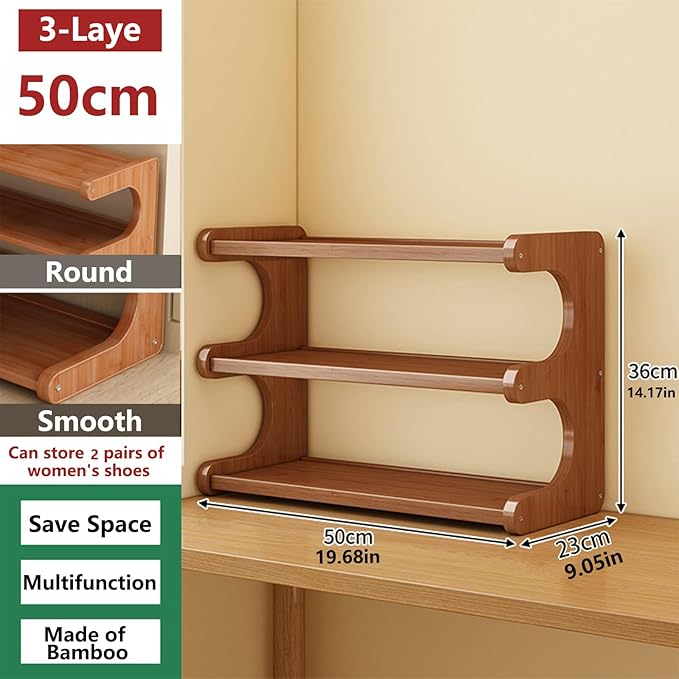 KNERS Bamboo Shoe Rack, Multi-Layer Space-Saving Shoe Organizer for Entryway, Bedroom or Living Room, Stable & Easy to Install, 3-Tier / 5-Tier / 6-Tier Options (3 Layer - 50cm)