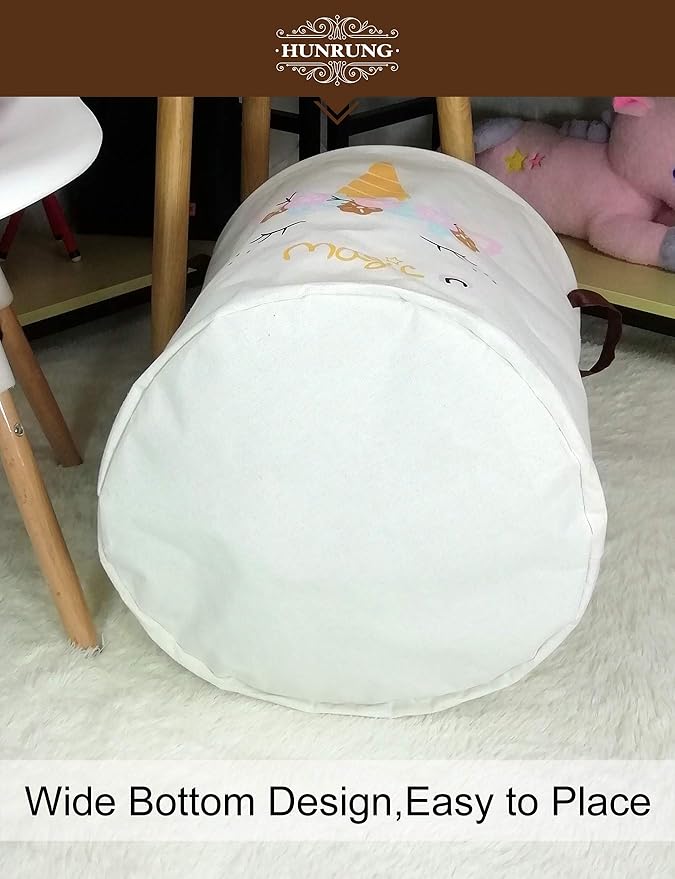 HUNRUNG Collapsible Fabric Storage Basket, Waterproof Laundry Hamper with Handles, Round Storage Bin for Clothes Toys, Foldable Organizer for Bedroom Nursery Bathroom(Round-magic-unicorn)