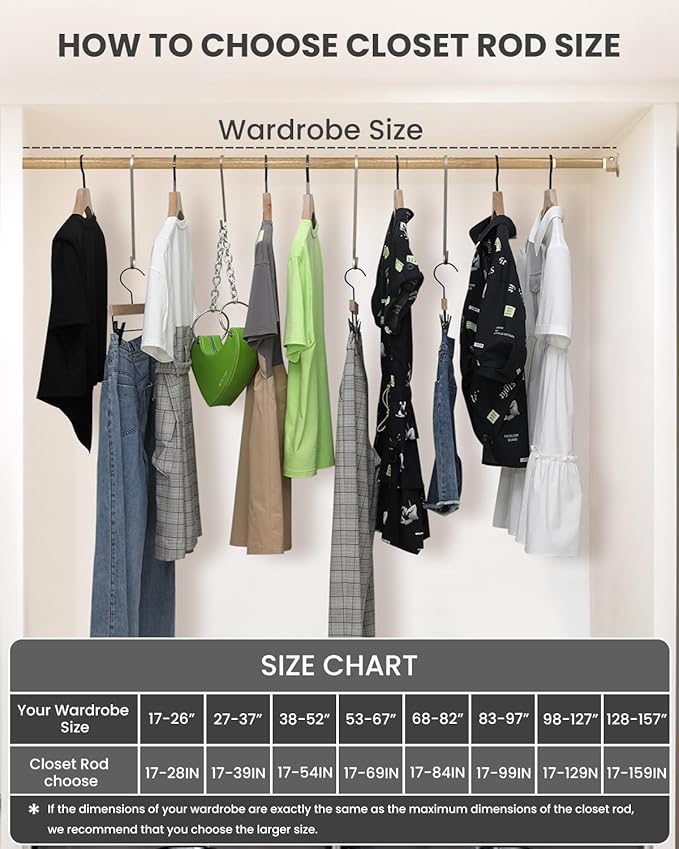 Supforce Closet Rods for Hanging Clothes, 17 to 99 Inches Stepless Adjustable Metal Closet Rod, 1.3 Inches Heavy Duty Clothes Hanging Rod for Closet Wardrobes Laundry RV(Wood Grain)