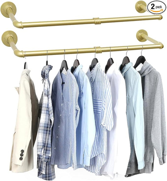 Oroonoko 2 Packs Gold Industrial Pipe Clothes Rack,36 inch Pipe Garment Rack Hanging Rod Bar for Closet Storage,Laundry Room Up to Max Load 135lbs