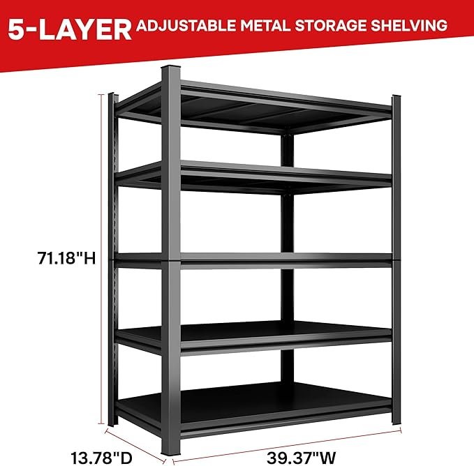 72''H Garage Shelving Heavy Duty Storage Shelves for Garage, Multi-Size Adjustable 5 Tier Shelving Unit, Metal Garage Shelving for Industrial, Basement, Warehouse (72''Hx40''Wx14''D, Black)