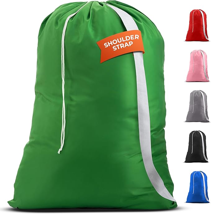 Handy Laundry Extra Large Laundry Bag with Adjustable Shoulder Strap – Heavy Duty, Durable Nylon, Drawstring Locking Closure, 30" x 40" – Laundry Bags for Travel, College Dorm, Camping, Green