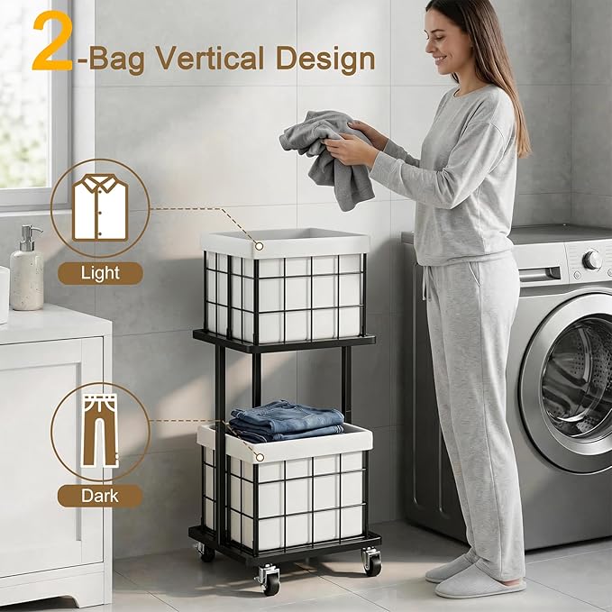 80L Vertical Rolling Laundry Hamper with Removable Bags, 2 Section Laundry Basket with Wheels, Slim Tall 2 Tier Laundry Sorter for Small Spaces, Dorm, Bathroom, Laundry Room, Closet, White