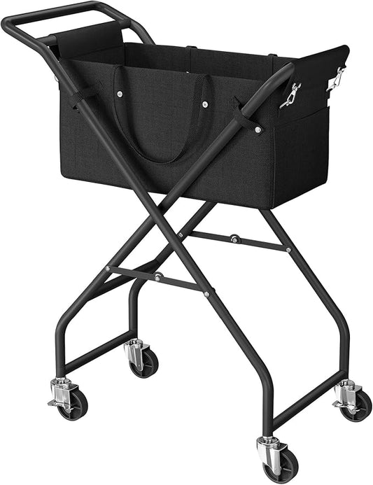 No-Bend Laundry Cart- Rolling Hamper with Locking Wheels & Handle, Foldable Basket Screw-Free Assembly, Durable Metal Frame & Removable Liner Bag for Bedroom & Bathroom (Black)
