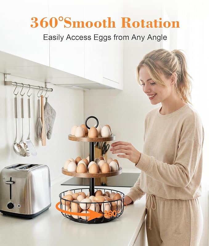 3-Tier 360° Rotating Egg Holder with 24+40 Egg Capacity - Rustic Farmhouse Kitchen Counter Organizer, Tiered Egg Storage Rack with Ventilated Wooden Trays & Metal Basket for Easter Eggs, Fresh Eggs