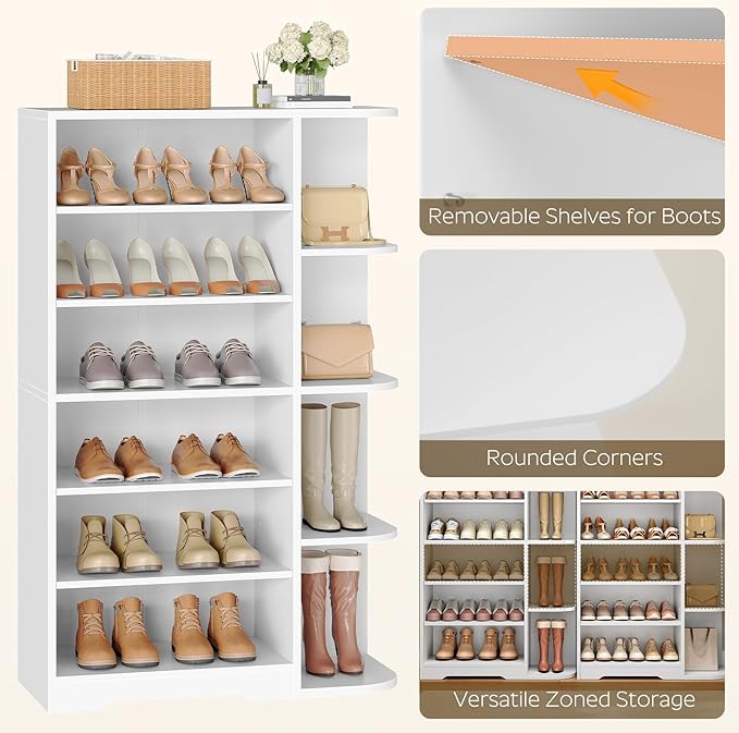 YATINEY Tall Shoe Rack, Multifunctional Shoe Cabinet with Open Storage, Entryway Shoe Organizer for Closet, 7-Tier Wooden Shoe Storage Closet with Adjustable Shelves, White SC02WT