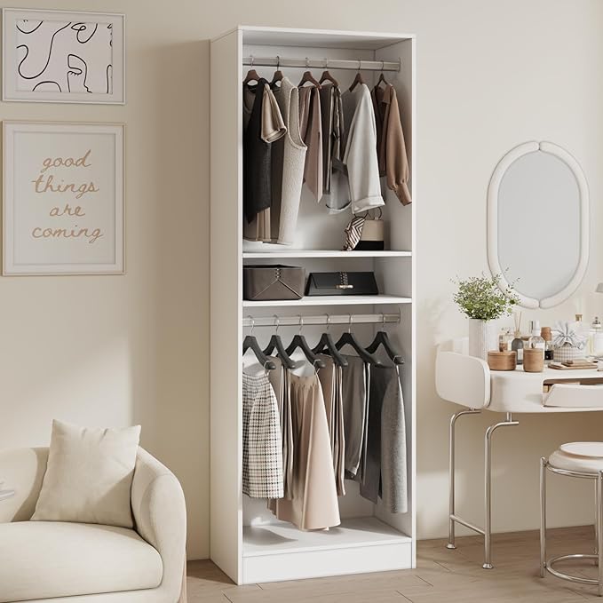 VOWNER 25'' Freestanding Closet System with Shelves, Wood Closet Organizer System with Hanging Rods, Walk-in Closet Tower, Clothes Garment Rack, Wardrobe Closet for Bedroom Entryway (1, White)