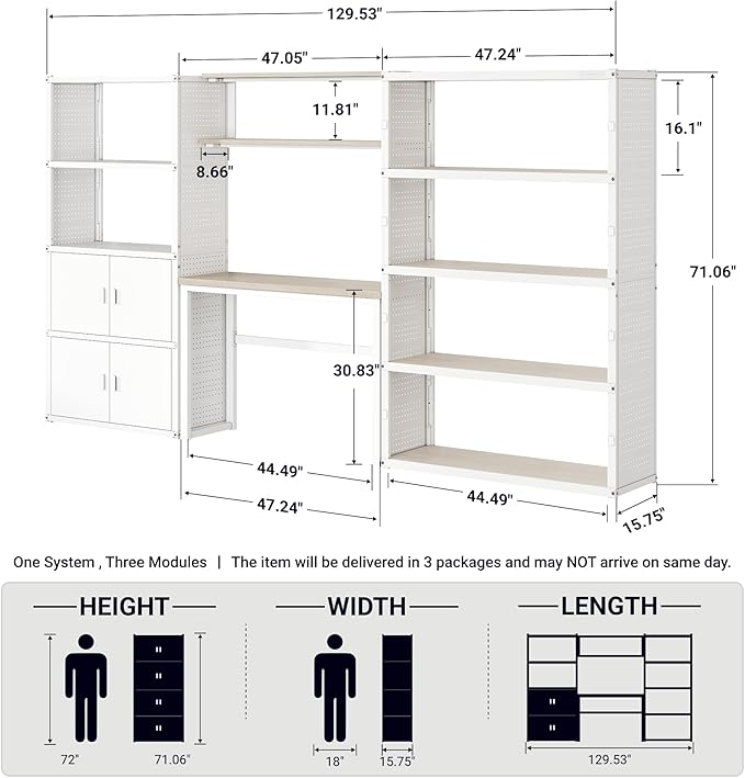 FLEXIMOUNTS Garage Storage Cabinet System, 3-in-1 Modular Metal Tool Cabinet w/ Workbench and Particle Board Shelf Includes Pegboard, 24-Gauge Steel, 129"(L) w/ 2 Doors, White, FLEXIMOD Series