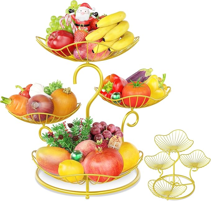 PouHenier.jh 4 Tier Fruit Bowl Basket for Kitchen, Countertop Vegetable Storage Stand, Tiered Metal Produce Organizer Rack Holder for Table Top, Modern Stylish Design with Stable Base and Handle, Gold