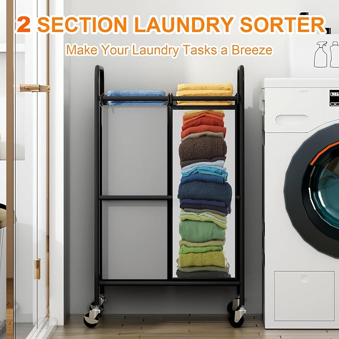 2 Section Laundry Hamper, 80L Large Rolling Laundry Sorter Cart, Laundry Basket with Lockable Wheels & Removable Bags, Laundry Room Organization for Dirty Clothes Storage