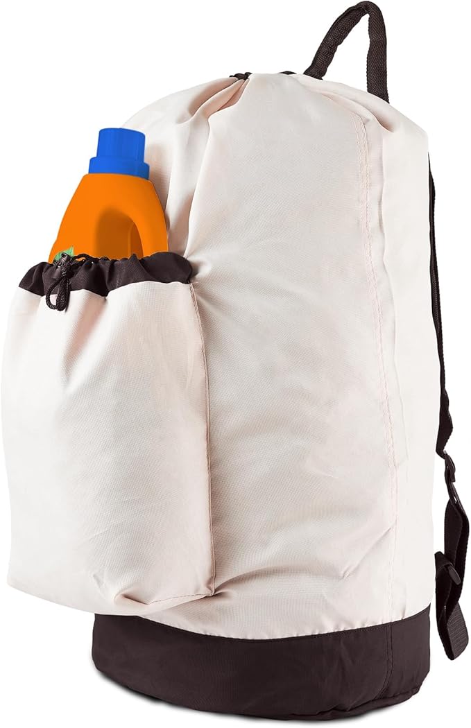Seiritex Laundry Bag Backpack with Shoulder Straps and Detergent Holder Clothes, Travel Laundry Backpack Bag Hamper for College Dorm Room (Khaki w Brown)