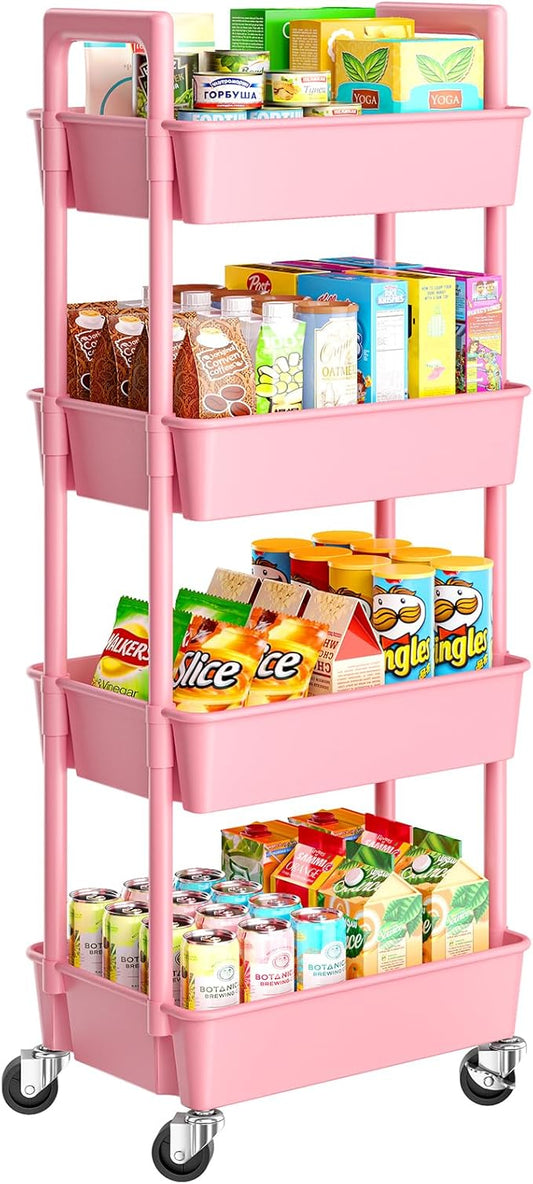 Pipishell 4 Tier Rolling Cart Organizer, Plastic Rolling Cart with Lockable Wheels & Reinforced Handle, Lightweight Utility Storage Cart for Nursery, Kitchen, Craft Room, Pink