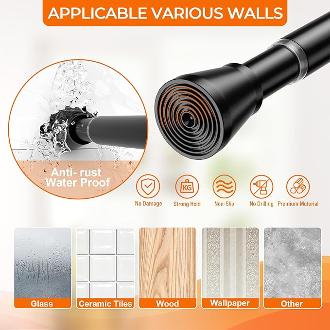 Tension Curtain Rod 28-48 Inch 7/8" Diameter, Adjustable No Drilling Rustproof Black Spring Loaded Curtain Rods for Window, Doorway, Bathroom, Closet, Kitchen, Shower Stall