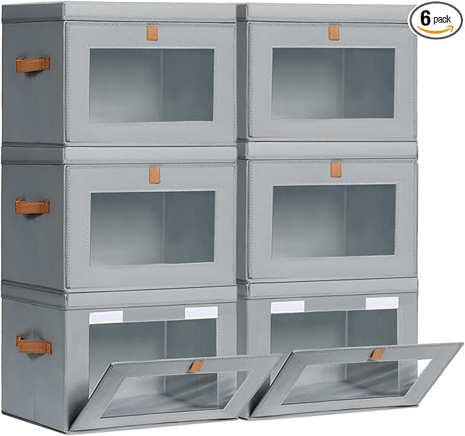 Homsorout Large Storage Bins with Lids - Fabric Collapsible Closet Storage Organizer with Window & Handles, Stackable Decorative Storage Boxes for Clothes, Blankets, Sweaters, 6 Pack, Grey