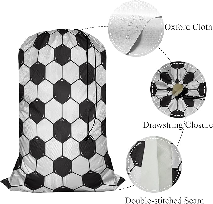 Swono Football Texture Laundry Bags with Locking Drawstring Closure for Travel, Home, Camping and Gym The Model With Black White Soccer 28" x 40", Oxford Cloth