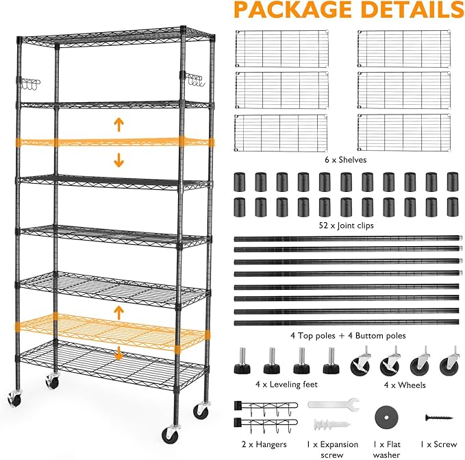 BolDuck 6 Tier Storage Shelves with Wheels, 2100lbs Capacity Heavy Duty Shelving Units, 14x36x75inch Adjustable Metal Shelf Wire Shelving Rack for Garage, Kitchen, Office, Black