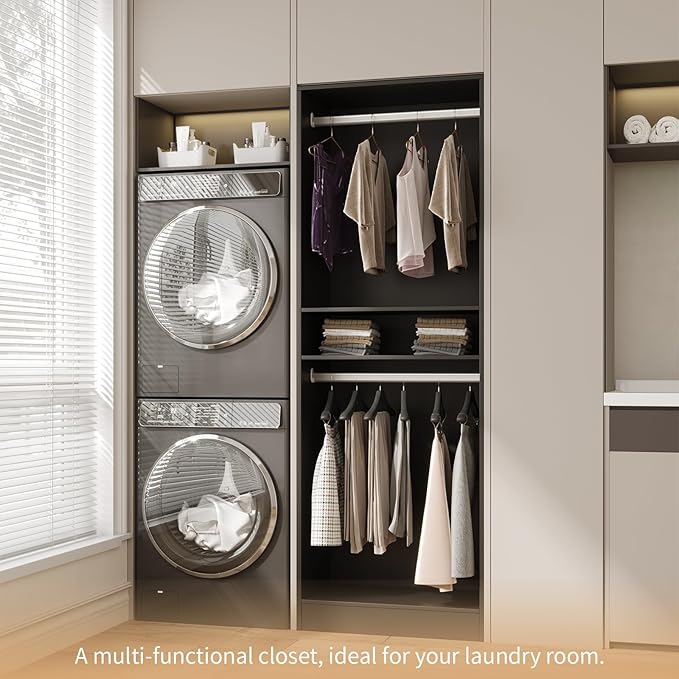 VOWNER 50'' Freestanding Closet System with Shelves, Wood Closet Organizer System with Hanging Rods, Walk-in Closet Tower, Clothes Garment Rack, Wardrobe Closet for Bedroom Entryway