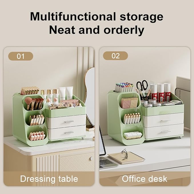 Booklov Makeup Organizer for Vanity, Large Capacity Cosmetic Display Case with Drawers, Countertop Beauty Storage Holder for Skincare, Brush Eyeliner Eyeshadow Lipsticks, Counter Desk, Cream Green