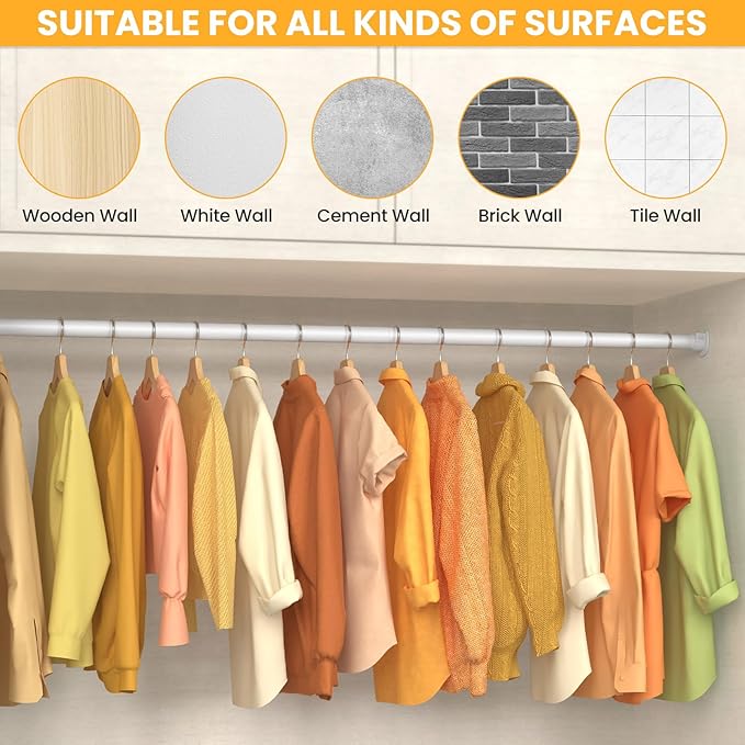 Closet Rods for Hanging Clothes, 17-54 Inch No-Cut Stepless Adjustable Closet Rod, 1.3 Inch Heavy Duty Metal Closet Hanging Rod with Brackets, White Closet Bar for Closet, Laundry Room, RV, Wardrobes