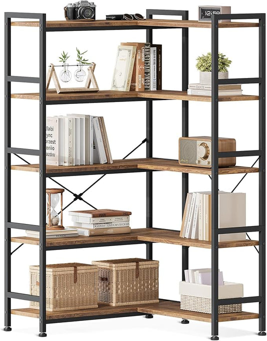 Casaottima Corner Book Shelf, 5 Tier Reversible Bookshelf for Living Room, Industrial Wooden Bookcase with Open Shelves and Metal Frame for Bedroom, Home Office, Kitchen, Vintage