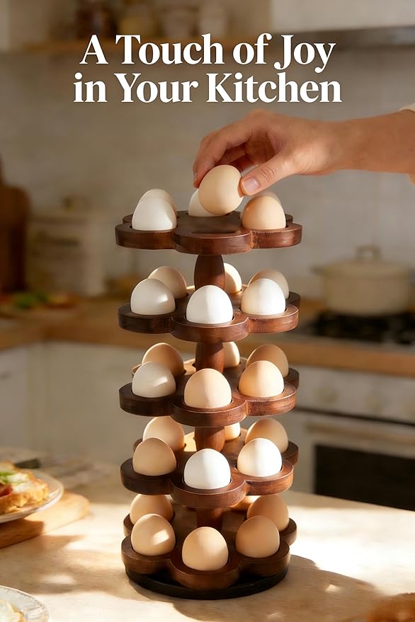 Wooden Egg Holder Countertop 360° Rotating, Egg Rack for 30 Eggs, Spiral Egg Storage Organizer for Kitchen Counter, Farmhouse Fresh Chicken Egg Dispenser for Home, Family ,easter egg.(Brown)