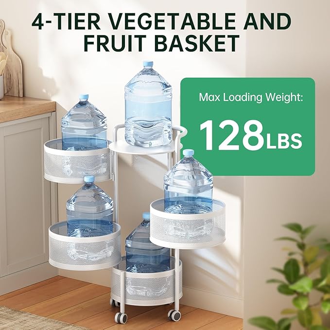 JAQ No Assembly Integrated Rotating Storage Cart, 4-Tier Rolling Storage Cart with Wheels, Solid Carbon Steel Onion Potato Storage, Kitchen Storage Cart, Vegetable Storage Cart, White