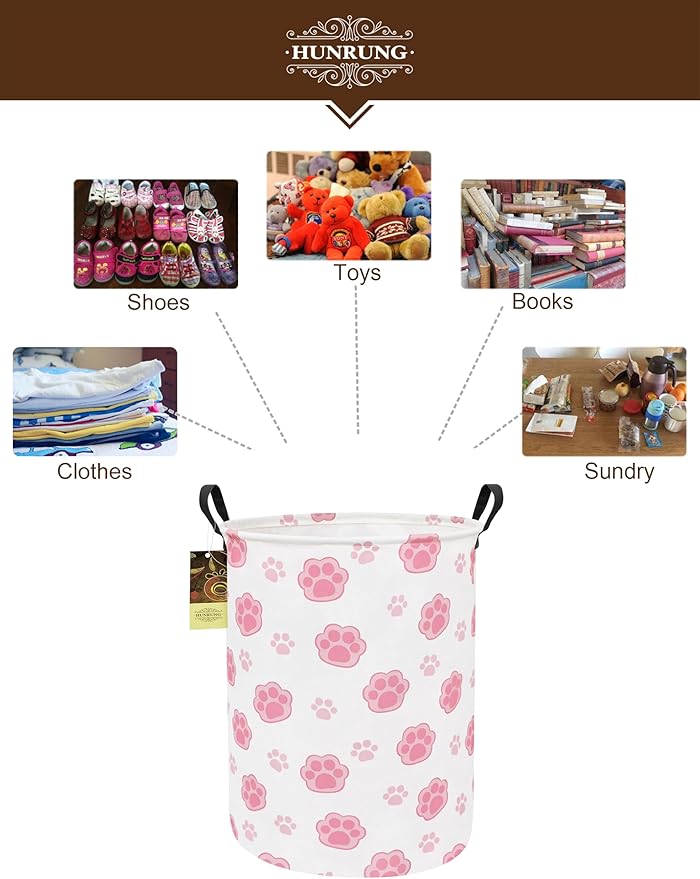 HUNRUNG Collapsible Fabric Storage Basket, Waterproof Laundry Hamper with Handles, Round Storage Bin for Clothes Toys, Foldable Organizer for Bedroom Nursery Bathroom(Round-Pink Paw)