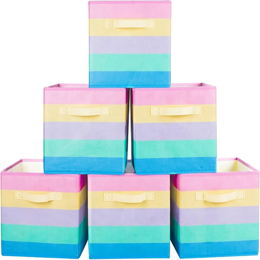 PowerKing Collapsible Storage Cubes with Handles, Fabric Foldable Bins for Closet Shelves, Durable Organization Storage Bins, 10.5'' x 11'' x 10.5'' (6Pack, Rainbow)