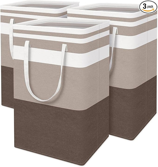 BlissTotes 3-Pack Laundry Basket, Freestanding＆Waterproof Laundry Hamper, Collapsible Tall Clothes Hamper with Easy Carry Handles for Clothes, Towels in the Family and Dorm,Gradient Khaki,88L