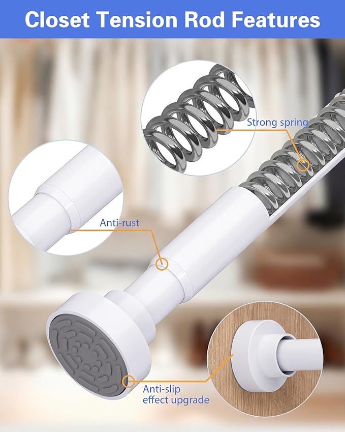 Supforce No Drilling Closet Rods for Hanging Clothes, Non Slip Tension Rod with Heavy Duty Clothes Hanging Rod, 17-54 Inches Adjustable Spring Closet Rod for Closet Wardrobe Bathroom Laundry RV, White